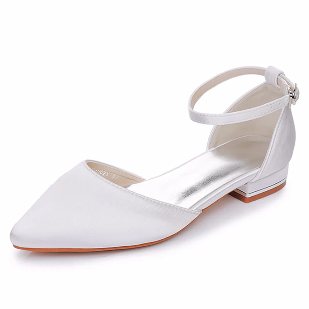 Sandali casual a punta con tacco piatto da 2cm con tacco basso e bocca poco profonda scarpe da sposa con fibbia in tessuto di raso bianco