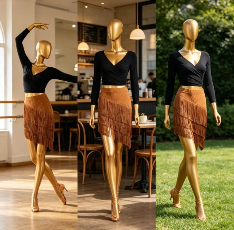 Falda Latina con Flecos para Mujer, Falda de Baile con Contraste de Color, Ribete Negro Neón, Dobladillo Grande, Ropa Profesional para Salsa y Espectáculos de Baile de Salón