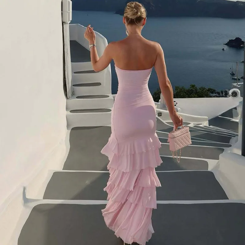 Ticketsx Ruffle Strapless Dress Women's One Shoulder Backless Pleated Patchwork Slit Long Dress Lady Fashion Evening Party Dress