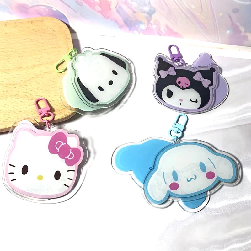 Sanrio Makeup Mirror Cute Hello Kitty Pochacco Kuromi Cinnamoroll Foldable Mirrors Keychain Bag Pendants Portable Vanity Mirrors