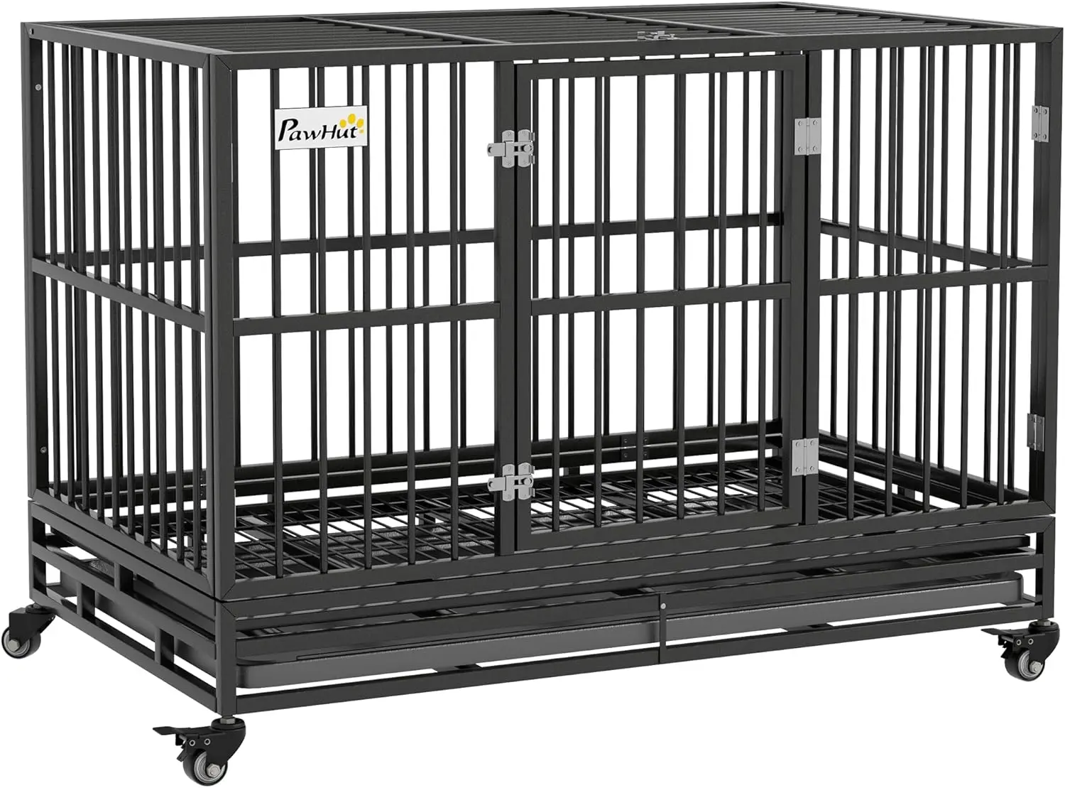 

48' Heavy Duty Dog Crate Metal Cage Kennel with Lockable Wheels, Double Door and Removable Tray, Gray