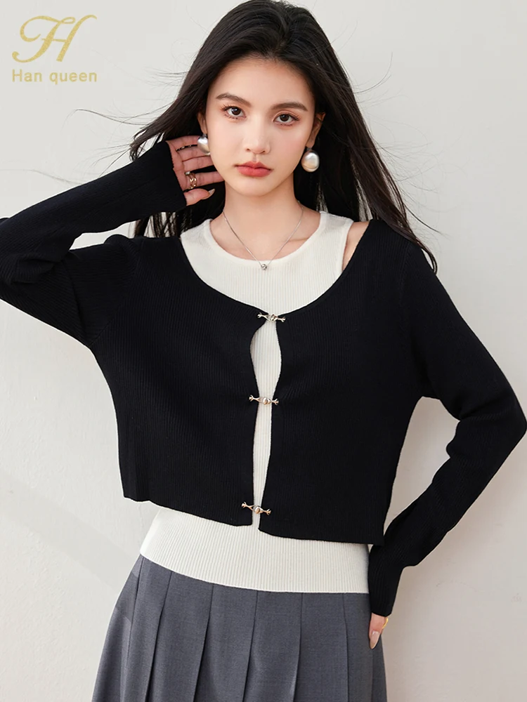 H Han Queen 2024 Korean Chic 2pc Knitted Cardigans Sweaters Women Casual Basic Long Sleeve Vintage Sweater Tops Female Clothing