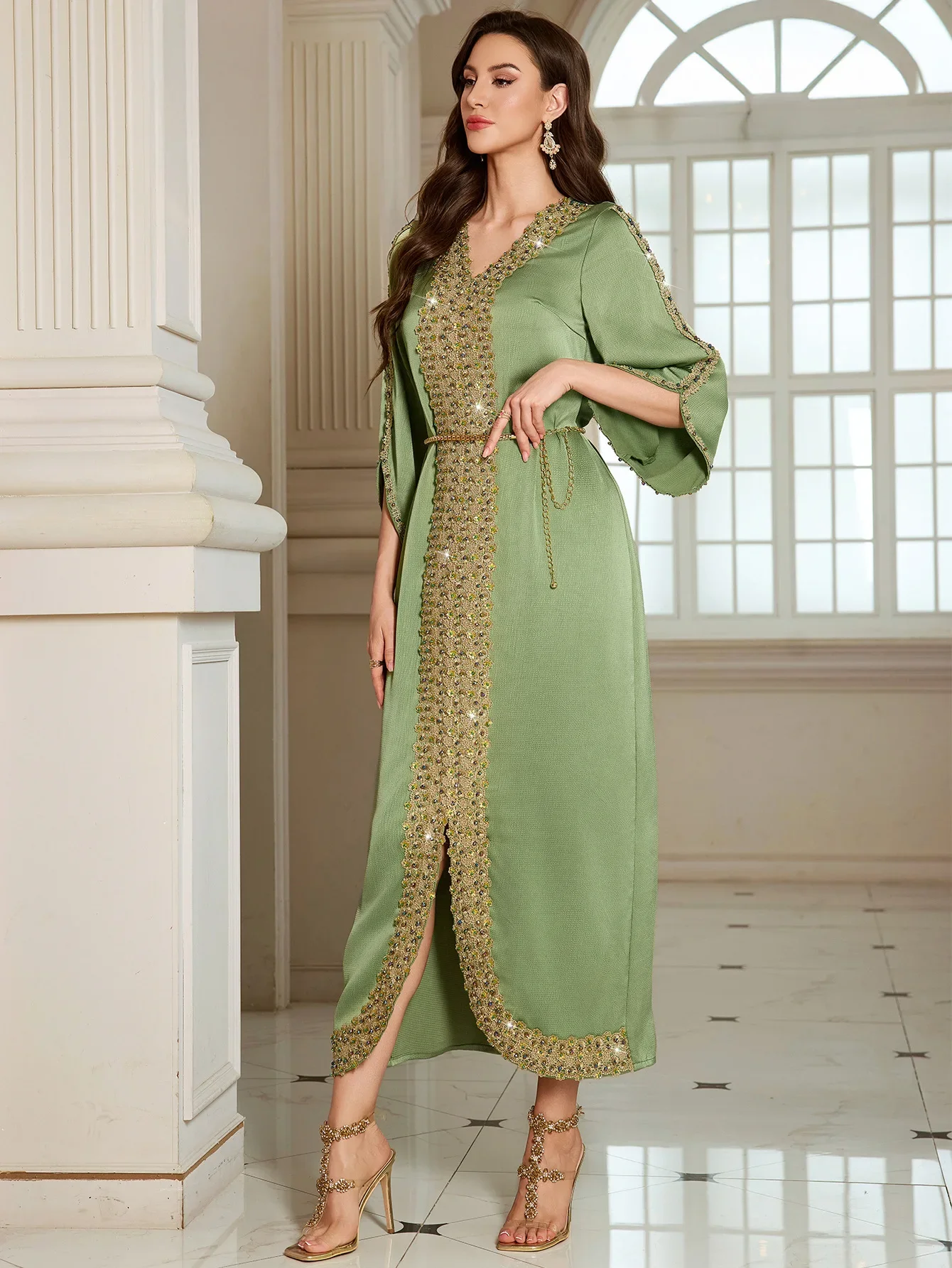 Abaya Jalabiya 2025 Eid Dress Women Muslim Beading Diamond Party Dress Lace Long Dresses  Vestidos Largos Arab Long Robe Morocco