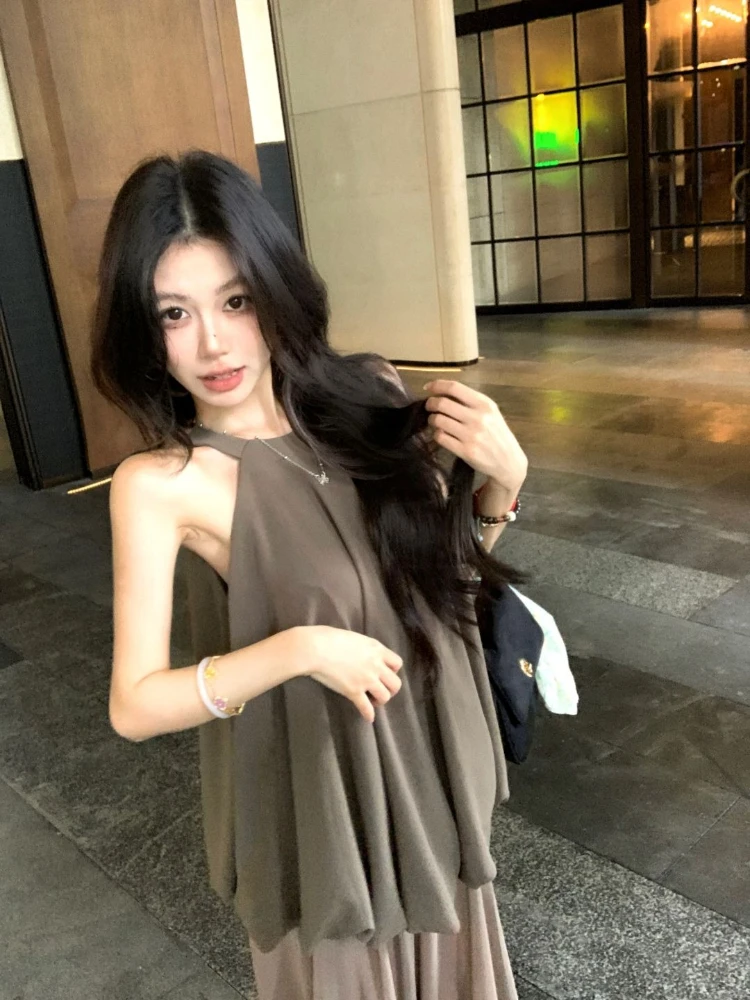 Women's French Vintage Summer Outfit Set Halter Neck Bubble Blouse High Waist Sheer Midi Skirt 2 Piece Suit For Casual Wear