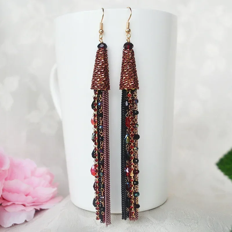 S925 Bohemian Ethnic Exaggerated Long Tassel Earrings Fashionable Trendy Beads Earring for Women image 3