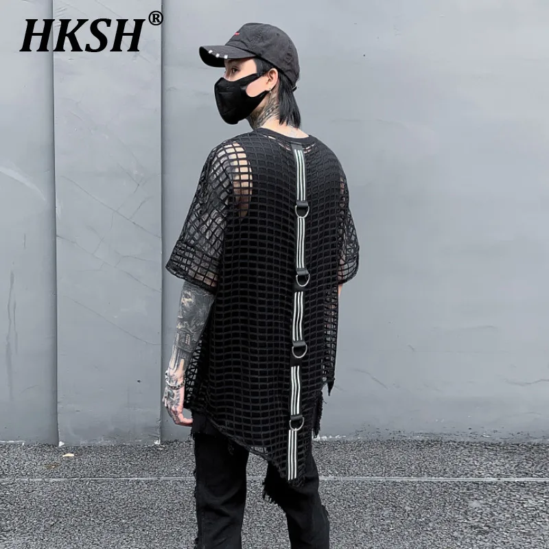 HKSH Spring Summer New Dark Hollow Out Men\'s Tide Mesh Tees Short Sleeve Trendy Chic O-Neck Pullover T-shirts Irregular HK0145