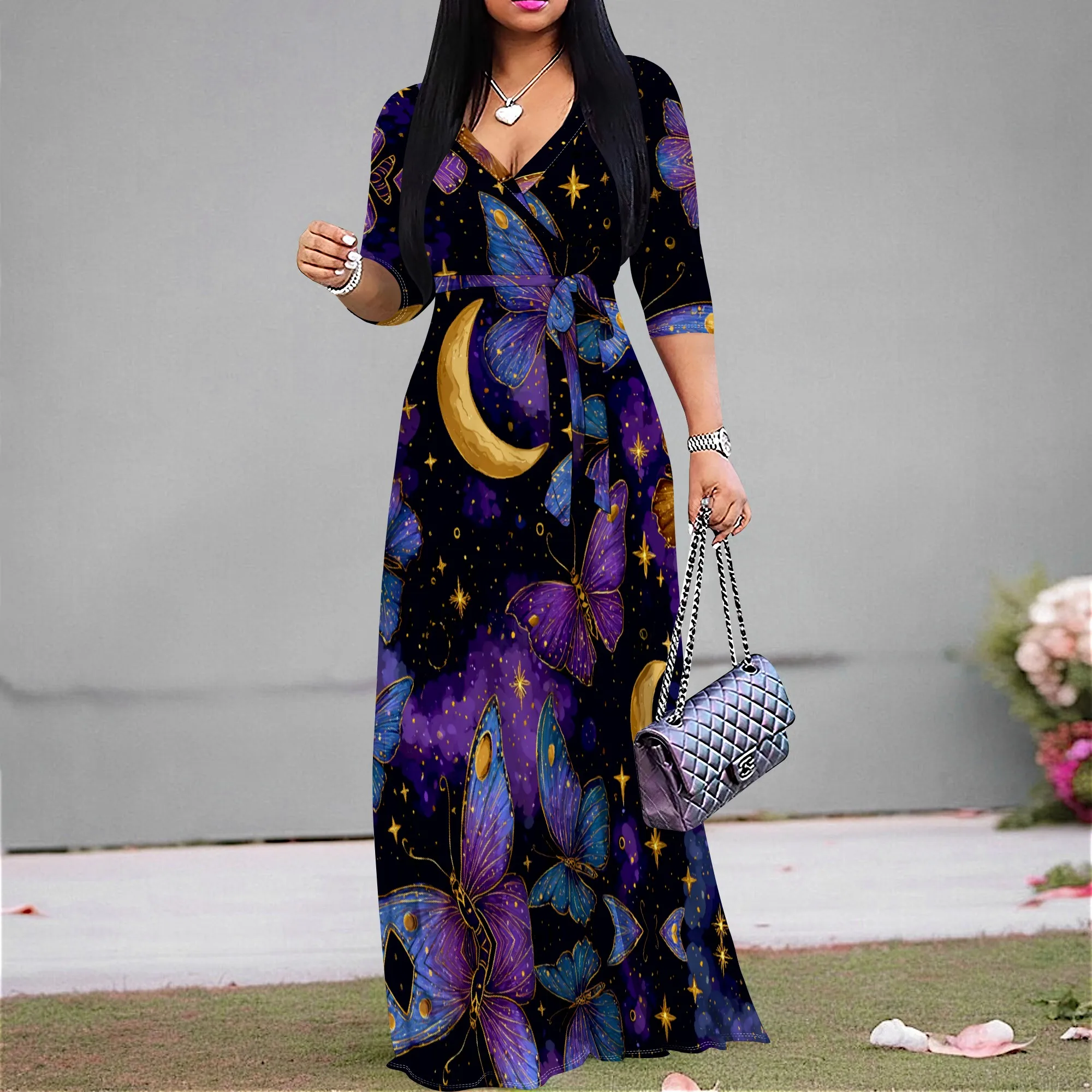 

Women's Elegant Maxi Dress V-Neck Butterfly Moon Print Wrap Gown with Belt Formal Evening Party Dress 3/4 Sleeve XS-3XL