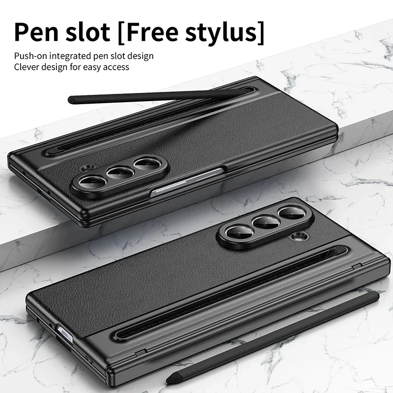 

S Pen With Hinge Protection For Samsung Galaxy Z Fold 8 7 6 5 4 3 Leather Case With Stylus Touch Pen & Screen Protector Z Fold7
