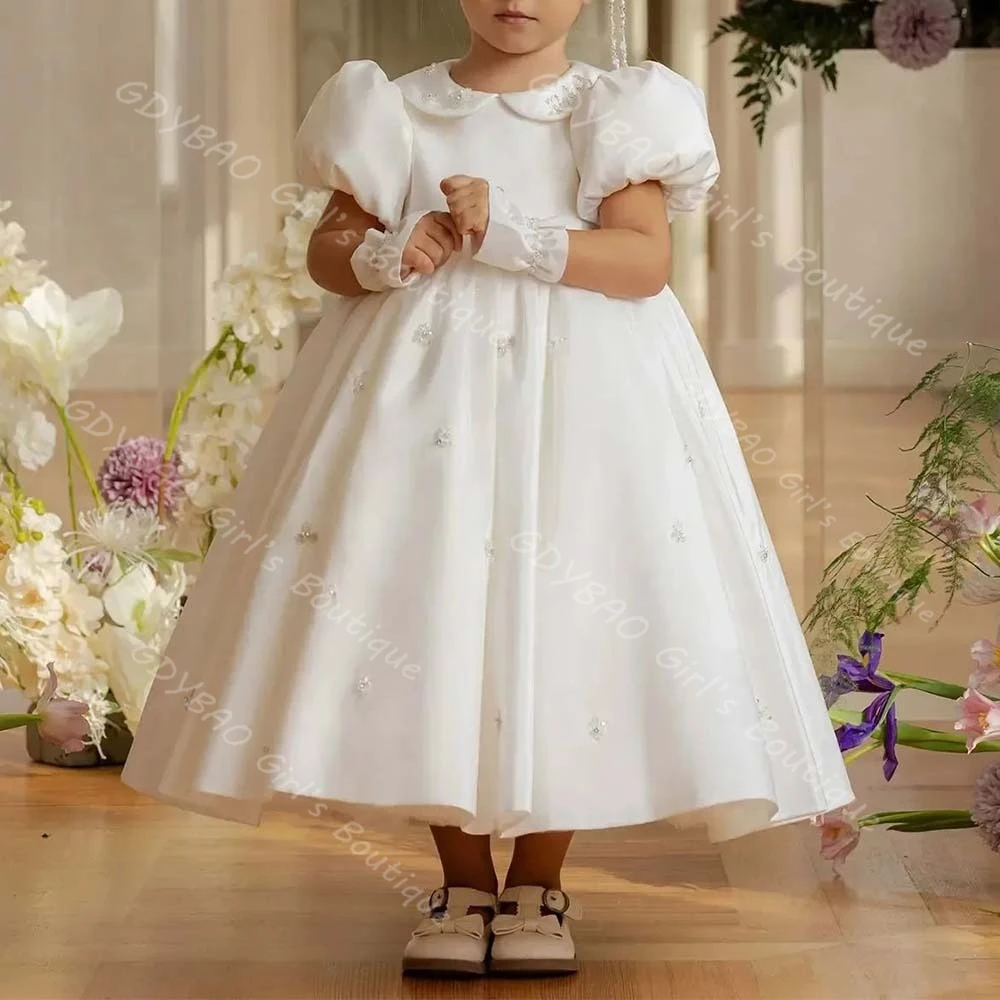 

Ivory First Communion Dress for Girls Shawl Collar Balloon Sleeve Wedding Flower Girl Dress Custom Tea Length Party Ball Gown