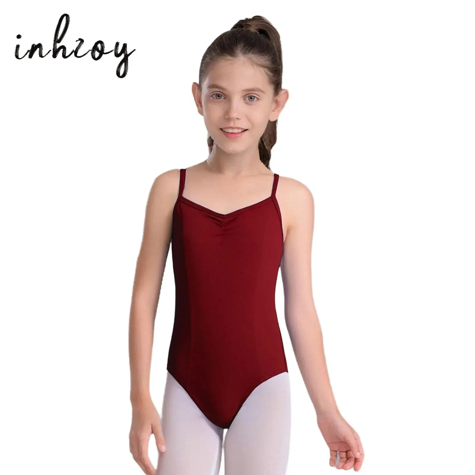

Kids Girls Ballet Dance Costume Sleeveless Adjustable Spaghetti Straps Front Ruched Leotard for Gymnastics Practice Performance