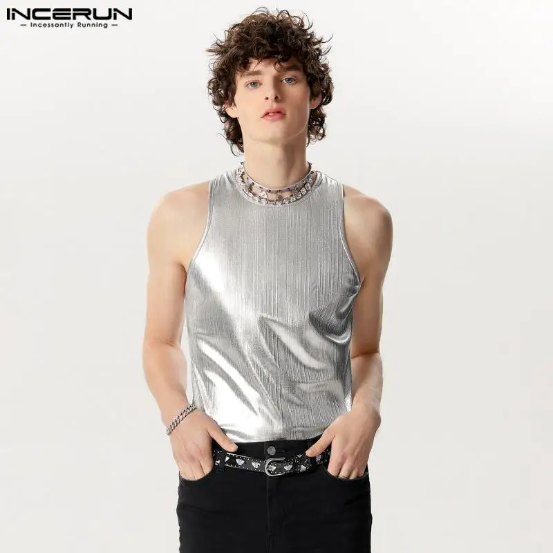 INCERUN Tops 2024 American Style Men\'s Sparkling Fabric Knitted Desian Vests Stylish Casual All-match Sleeveless Tank Tops S-5XL