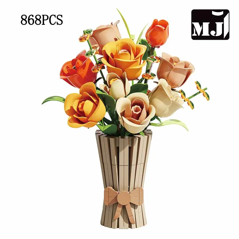 MJ BLOCK Rose Potted House Decoration Creativiteit MOC Model Bricks DIY Bloemen Speelgoed Bouwsteen Geschenken voor meisjes Volwassenen