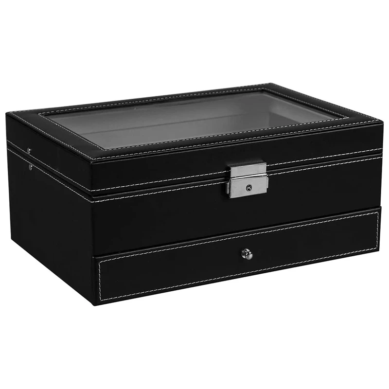ELBA_12 Slot Lockable Watch Storage Boxes Jewelry Display Drawer Case 2-Tier Organizer Watch Showcase with Glass Lid
