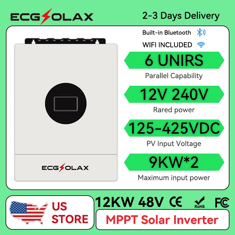 

ECGSOLAX 12 кВт 48 В гибридный солнечный инвертор с разделенной фазой 120 В/240 В двойное зарядное устройство MPPT 200 А параллельное встроенное Wi-Fi и Bluetooth