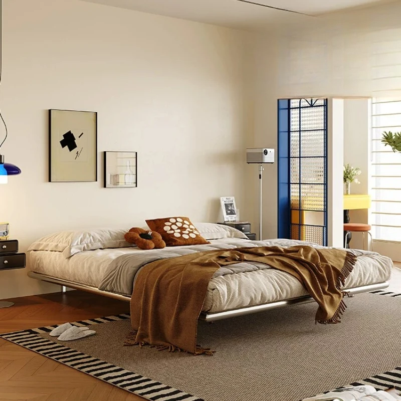 Italian minimalist bedside bed modern small apartment simple flush edge no back steel frame suspended double bed