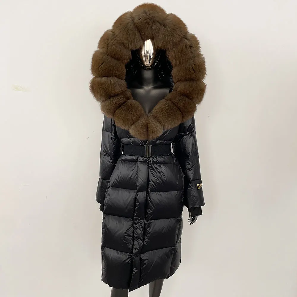 Piumino da donna invernale collo in vera pelliccia di volpe giacca di pelliccia con cappuccio cappello autunnale spesso staccabile x-lungo piumino d'anatra bianco overwears