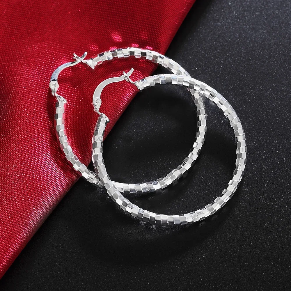 925 Sterling Silver Earrings Elegant Women lady Jewelry romantic Lattice pattern 4CM Big circle  holiday gifts