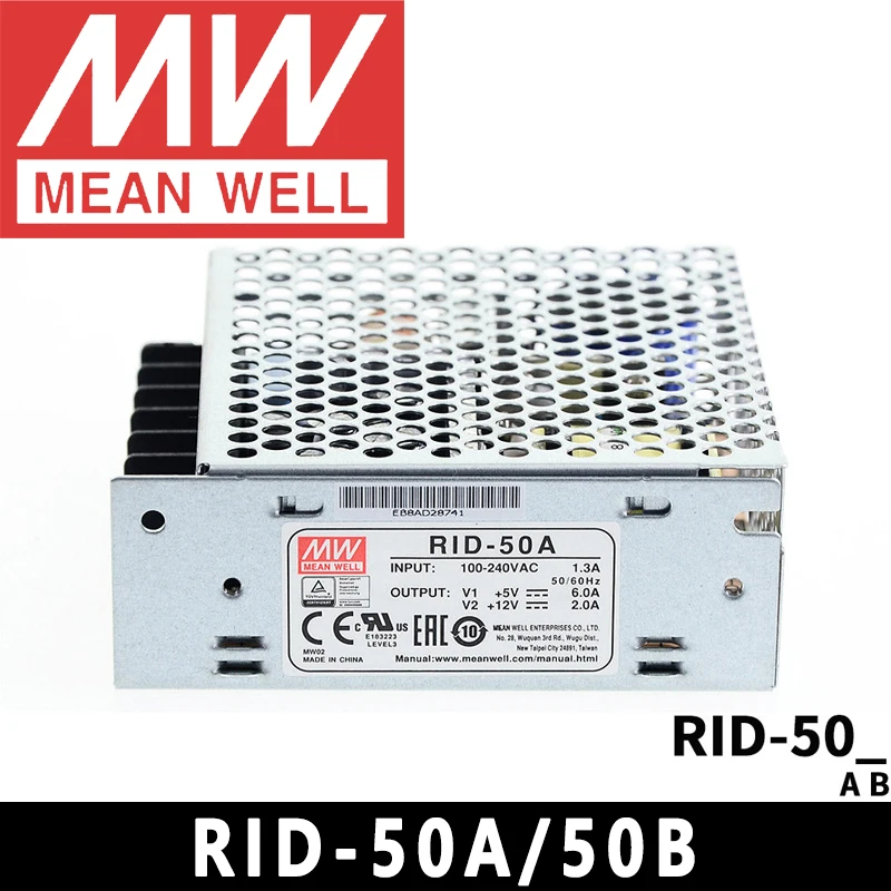 

Блок питания Mean Well RID-50A/RID-50B с двумя выходами, AC/DC, 50 Вт, 5В, 12В, 24В