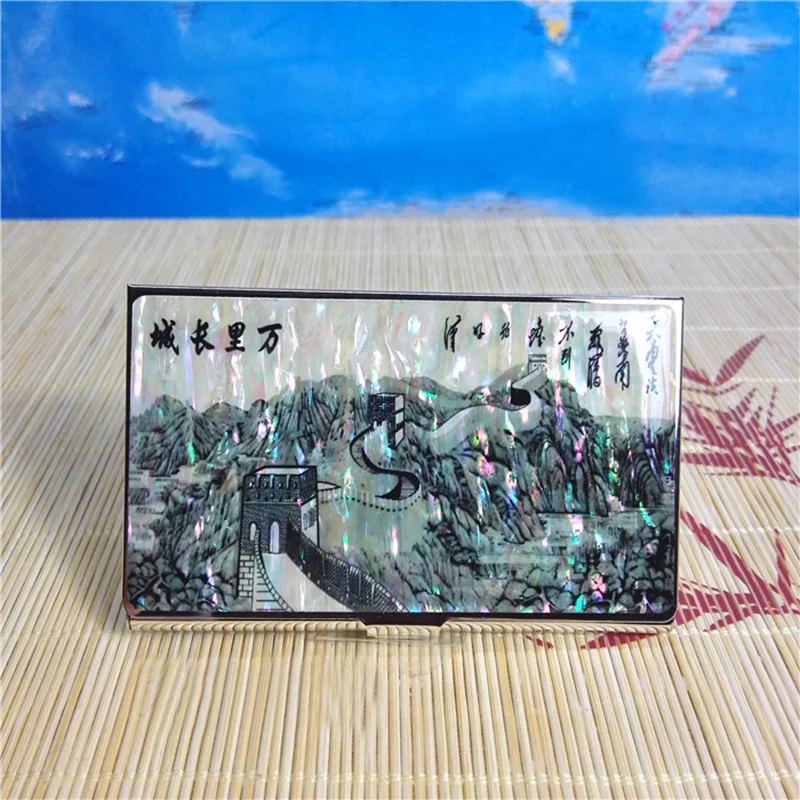 Mother of Pearl Inlaid Great Wall Design Keychain Key Ring Holder Business Credit Name Card Holder Slim Id Money Case Set