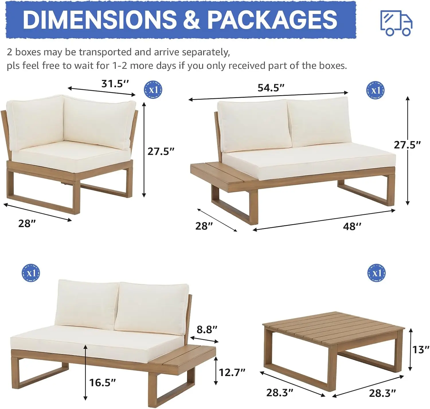 Ensemble de canapé sectionnel extérieur en forme de L, bois d'acacia, meubles, table et coussins, FSC ignorent, ensemble de conversation, 4 pièces