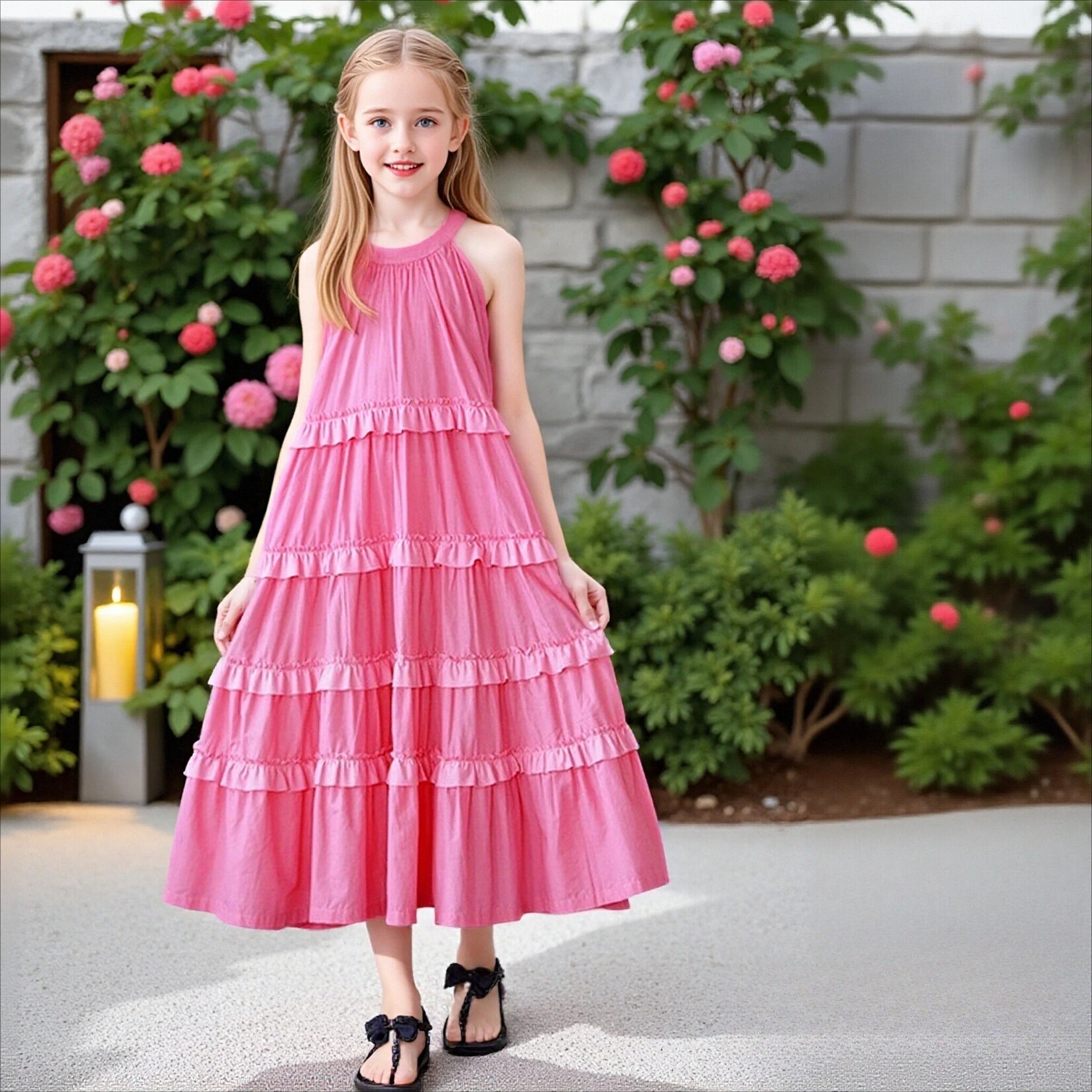 

Girls Halter Tiered Ruffle Maxi Dress Sleeveless Cotton Cake Dress for Kids Summer Casual Vacation Wear Pink/Yellow Daily Outfit