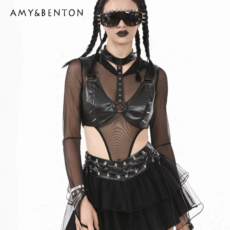 

Punk Dark Leather Rivet Sweet Cool Sexy Women's Bra Original Design New Black Versatile Personality Gothic Halter Vest Ladies