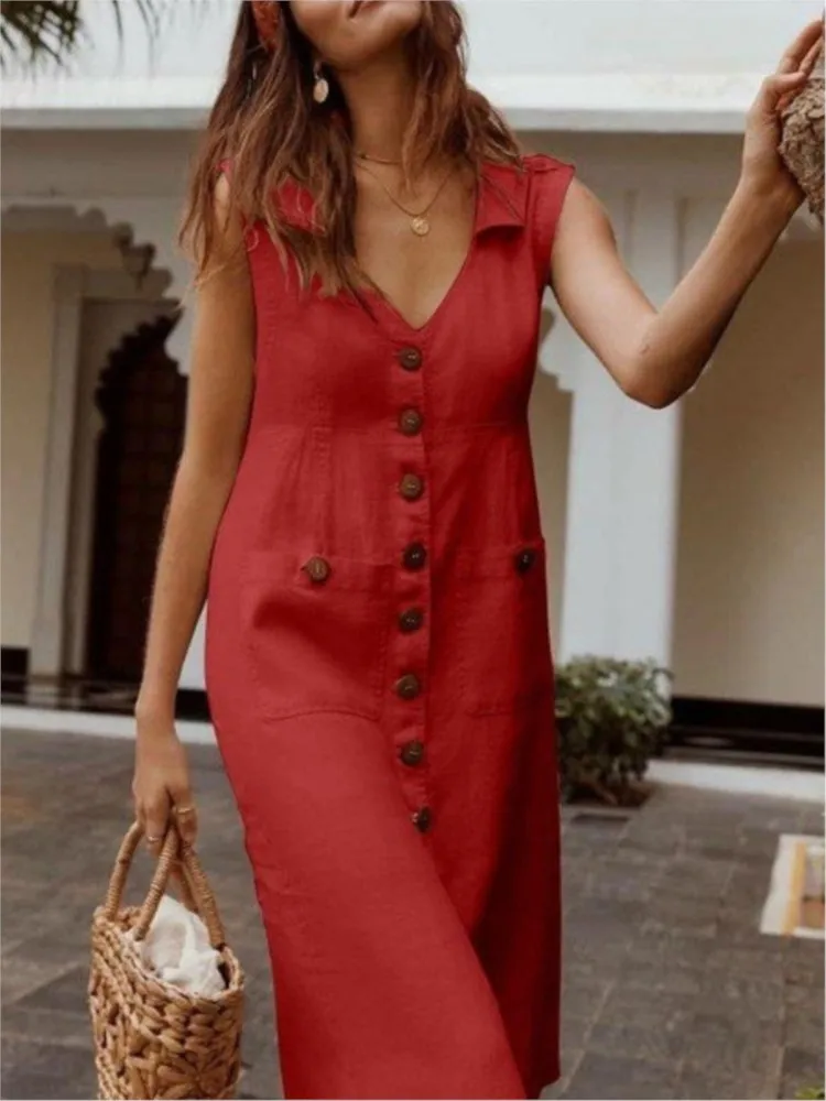 Summer Fashion V-Neck Button Dress Women Sleeveless Office Party Casual Dresses Female Solid New Vestidos