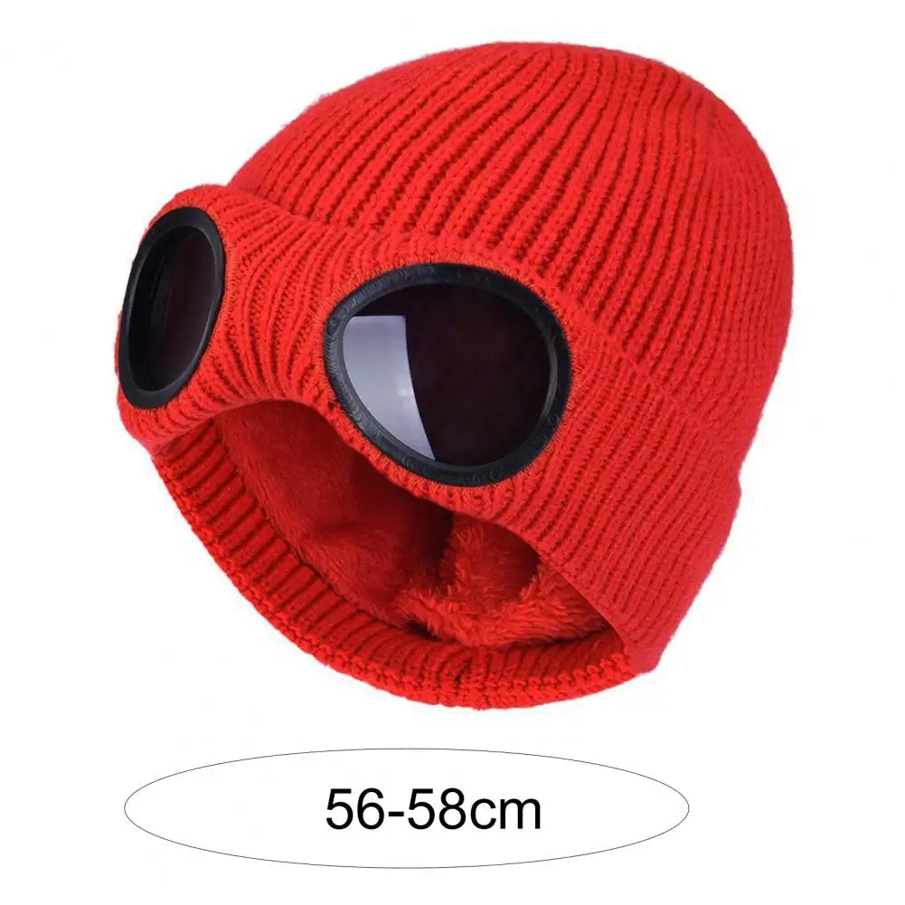 Knitted Hat Glasses Decor Plush Lining Casual Ears Solid Color Autumn Winter Women Men Skull Beanie Cap Streetwear