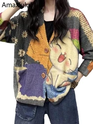 Amax luluE 2025 Winter Ladies Harajuku Style Cartoon Clothes Womens Fashion Printed Leisure Sweaters Luxury Loose Punk Cardigans