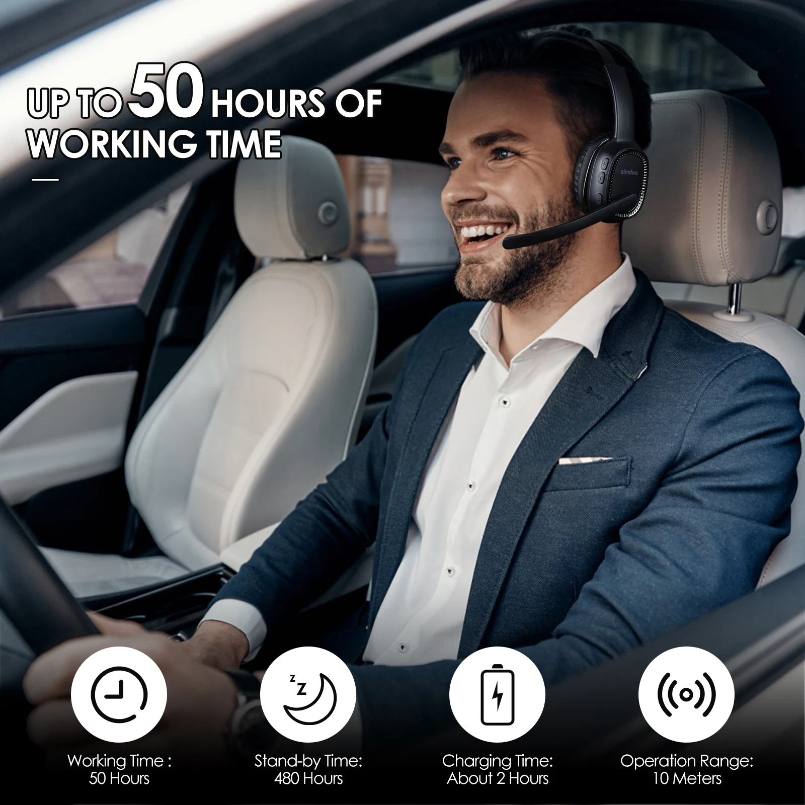 Siindoo JH-101 Wireless Call Center Headset with Mic Noise Canceling Headphones with 50H Talking Time For Office Work, Video