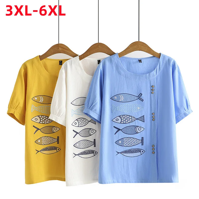 New 2022 Summer Plus Size Tops For Women Large Size Blouse Short Sleeve Loose Blue Embroidery Cotton T-shirt 3XL 4XL 5XL 6XL