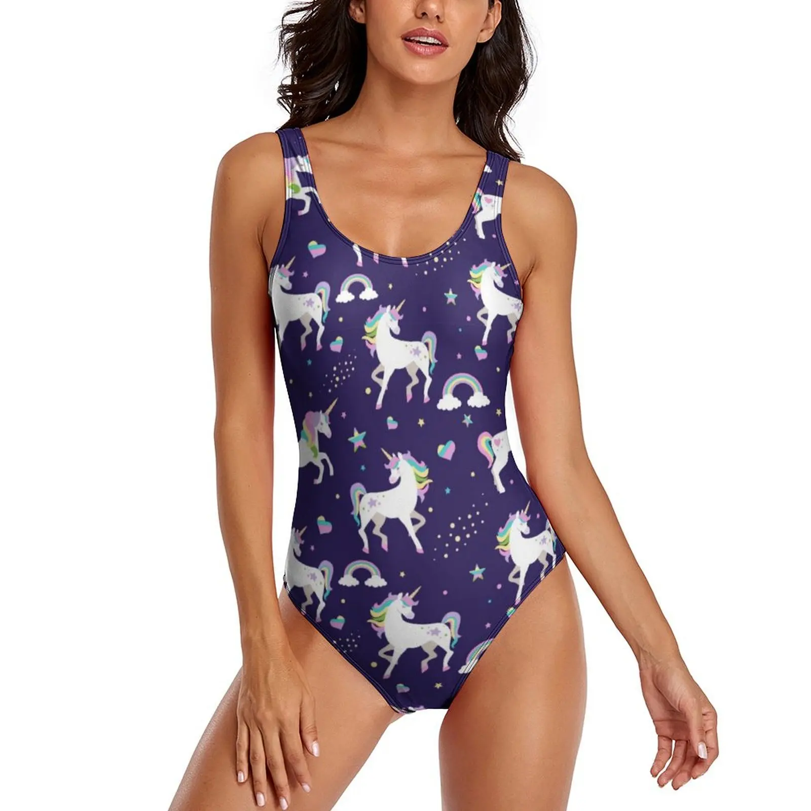 Bañador de unicornio de estrellas, traje de baño Sexy de una pieza, arcoíris púrpura, bañadores Push Up, traje de baño de tendencia para Fitness