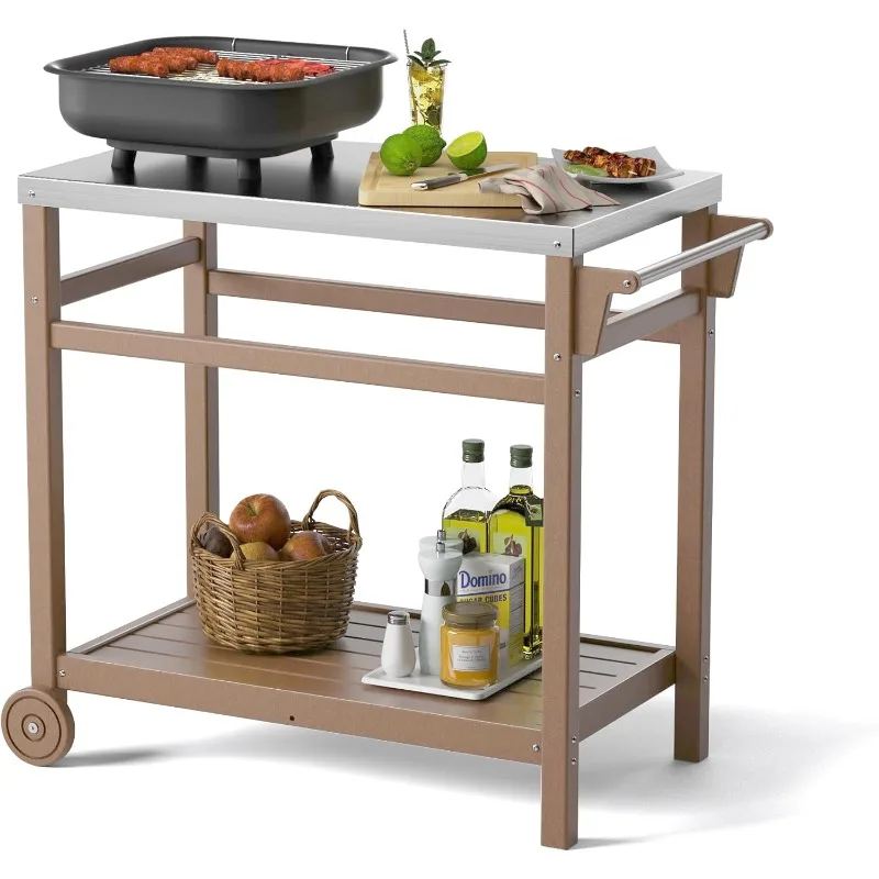 Outdoor Prep Cart Dining Table for Pizza Oven, Patio Grilling, and Backyard BBQ Wood Color, Two Tier