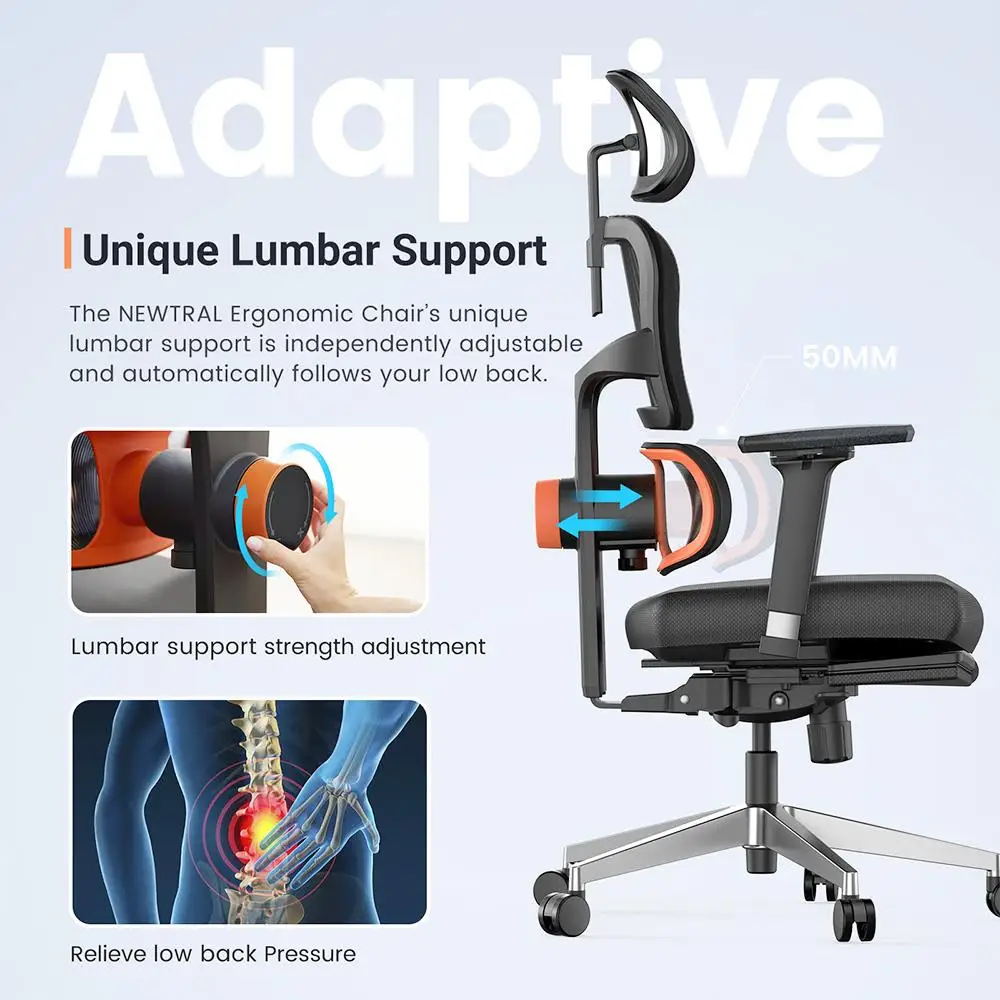 NEWTRAL Chair Pro NT002 Adaptive Lower Back Support Ergonomic Chair, Adjustable Armrest Headrest Footrest, 4D Mesh