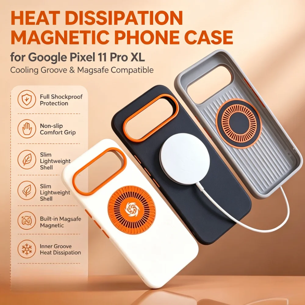 Étui en cuir PU à toucher lisse, dissipation thermique de qualité supérieure, pour Google Pixel 11 Pro XL 9 10 Pro 10A 9A, pour couvercle de bouton en alliage MagSafe