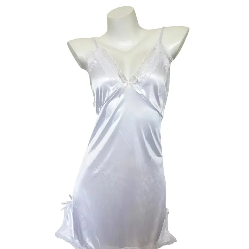 

Sweet Hot Sexy Women's Nightwear Satin Suspender Short Nightdress Thin Lace Slit Bow Female Exotic Nightgown Sleepwear