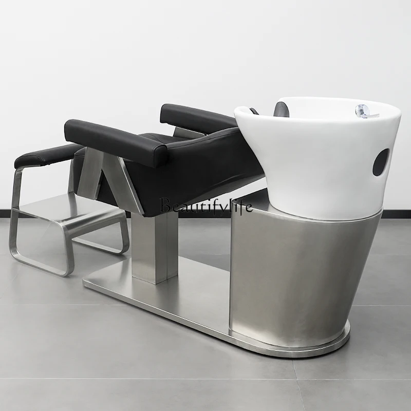 Barber shop shampoo bed simple high-end hair salon special hair salon stainless steel ceramic basin half lying flush bed