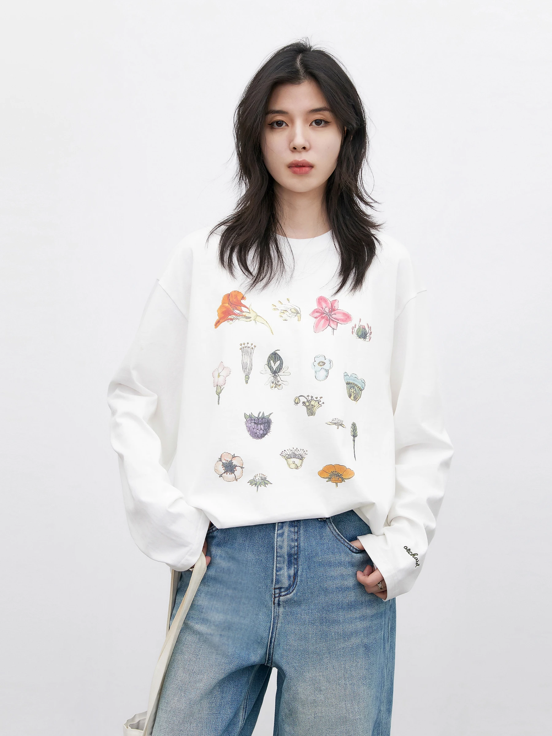 

CHICVEN Spring Wild Tour Long Sve T-irt Women's Inner Wear Base irt Flower Fruit Print Cotton Comfortable