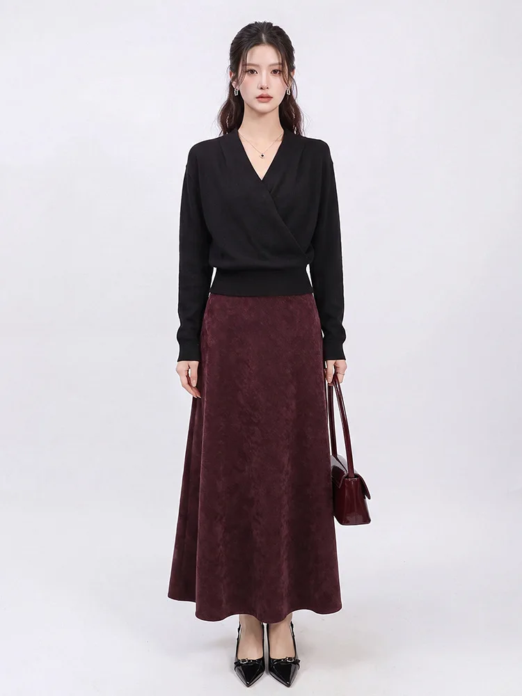 Vintage Purpley Suede A-line Midi Skirt For Women High Waist Slim Solid Texture Long Skirt Elegant Autumn Commuter Casual Bottom