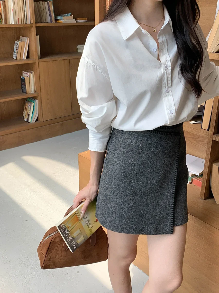 

Женская повседневная рубашка с длинным рукавом, осень 2024, новинка, свободный крой с нерегулярными разрезами и лацканами, модный топ для женщин