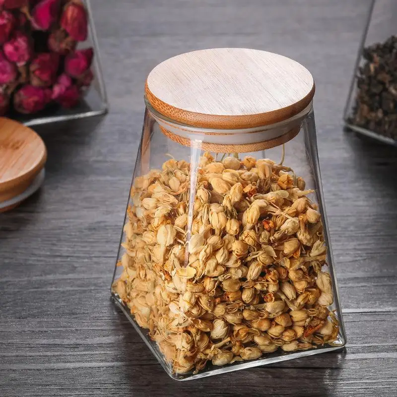 350/500/950 مللي غطاء من الخيزران جرة شاي منزلية عالية البورسليكات الزجاج مربع تخزين جرة سعة كبيرة مختومة جرة للحبوب #3