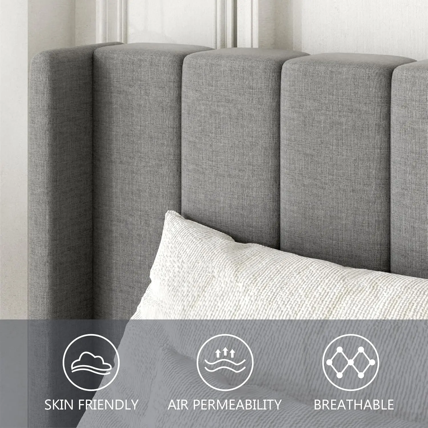 Bed Frame with Upholstered Wingback Headboard, Easy Assemnly Platform Bed, Wooden Slat Support No Box Spring Needed, Light Gray