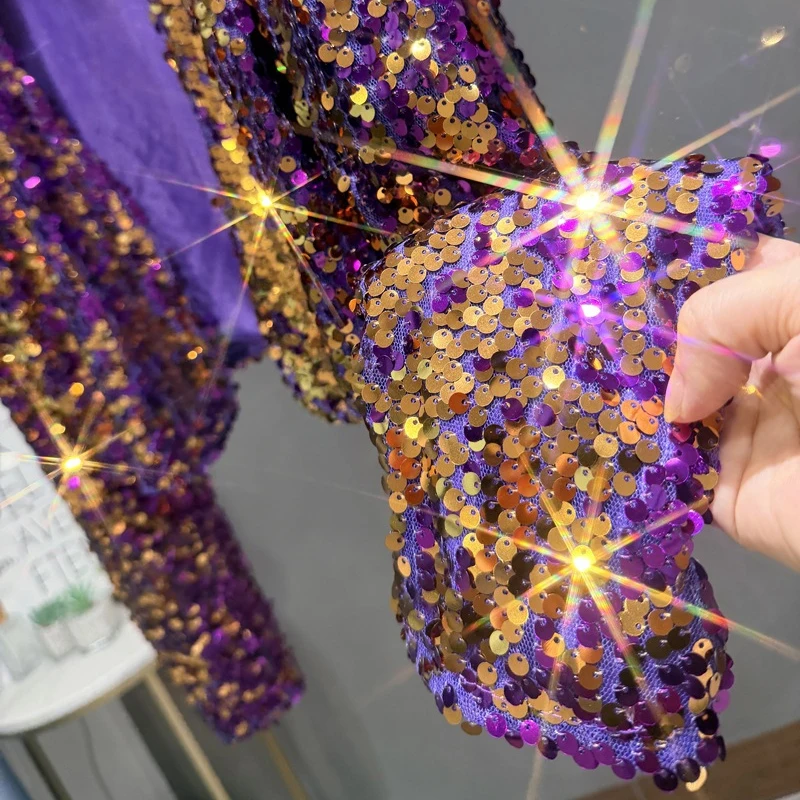 Damen-Pailletten-Cardigan, kurz, langärmelig, glitzerndes Oberteil, funkelndes Bühnenkostüm, Party- und Clubkleidung, Tanzkostüm, Oberbekleidung, T-Shirt. – Detail 6