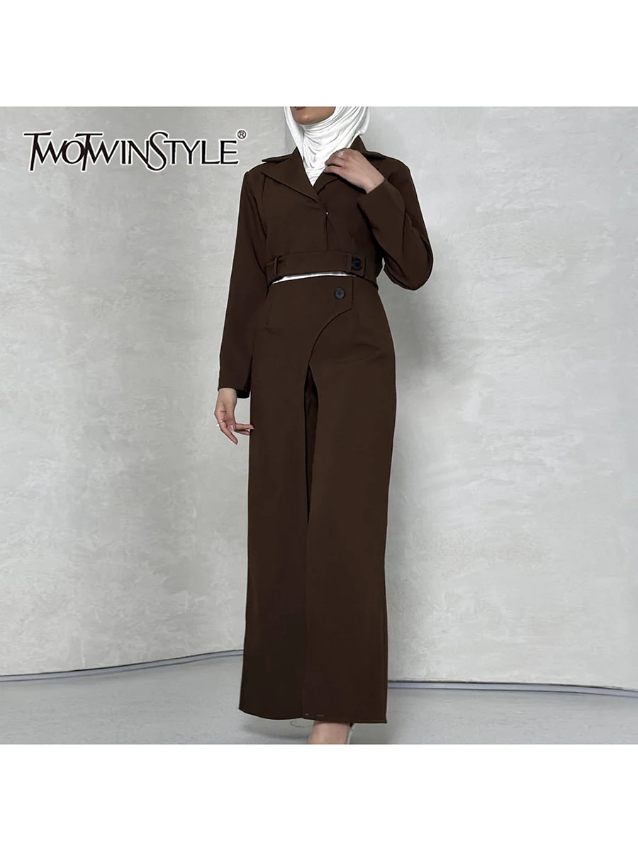 

TWOTWINSTYLE Solid Two Piece Set For Women Lapel Long Sleeve Top High Waist Loose Pant Elegant Set Female Fashion Style Clothes