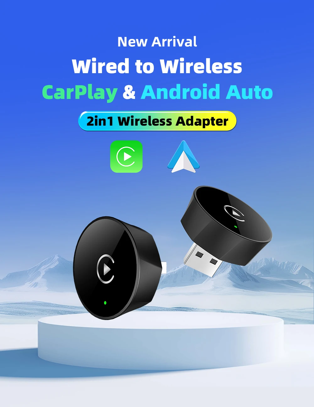 2-in-1 Kabelgebundener zu Kabelloser CarPlay-Adapter Android Auto Dongle Smart AI Box Hochwertiges Auto-Zubehör Intelligentes System – Detail 1