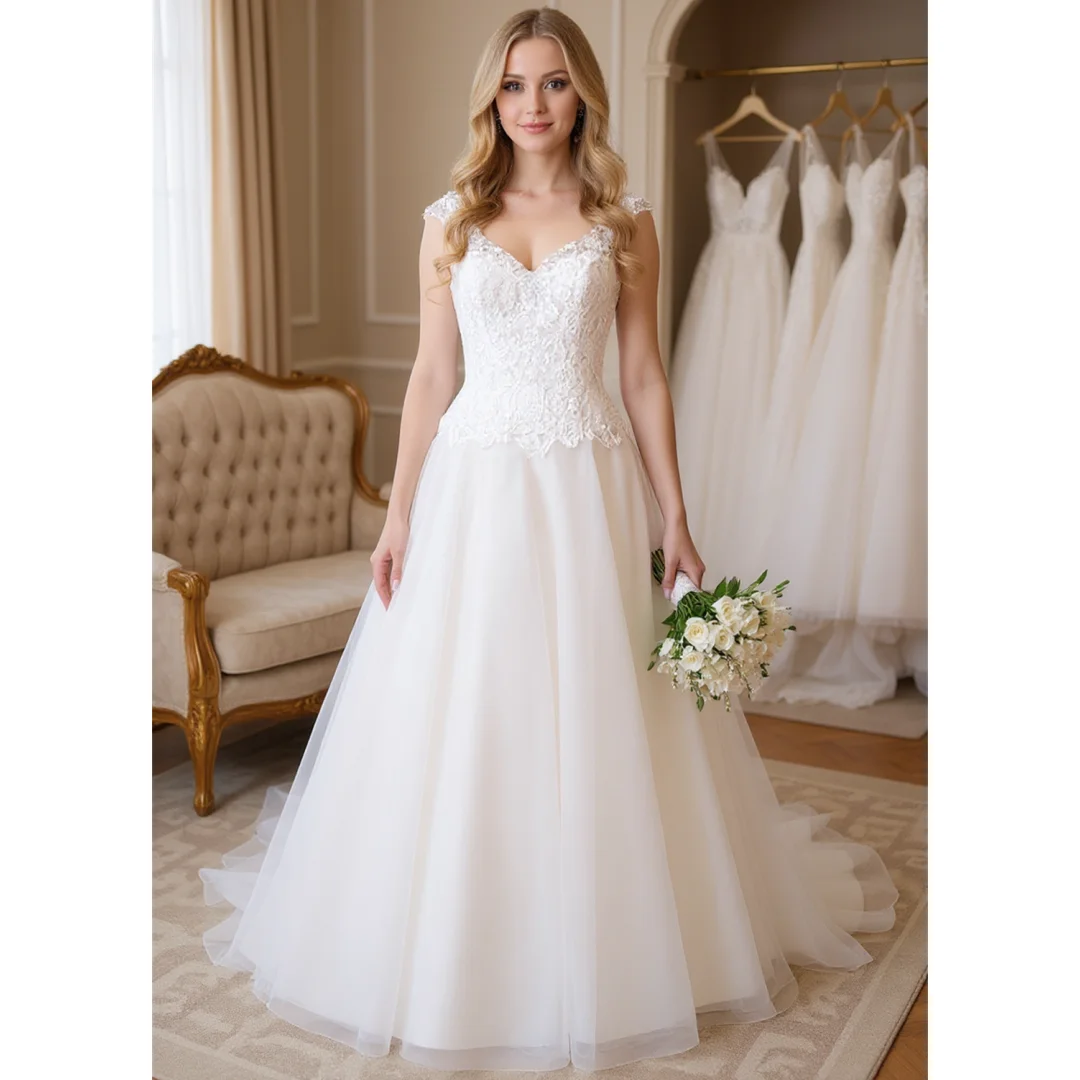 

Lace Tulle Cap Sleeve White Wedding Dresses V-neck Sleeveless A-line Court Train Engagement Prom Gowns Chic Brides Elegant Dress