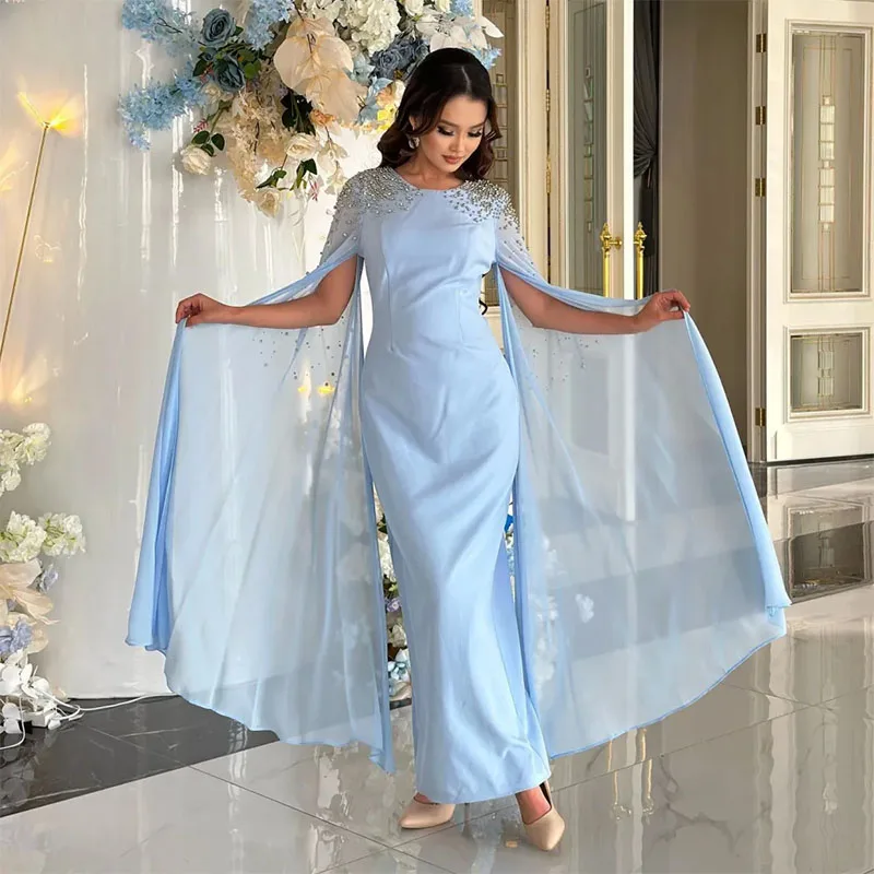 

Elegant Ice Blue Straight Prom Dresses Boat Neck Slit Sleeve Formal Evening Gown Ankle Length with Beaded Robe De Soiree