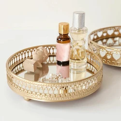 Golden Color Delicate Jewelry Storage Tray Glass Mirror Base Bedroom Desktop  Perfume  Box Cosmetic Decorative 1Pc