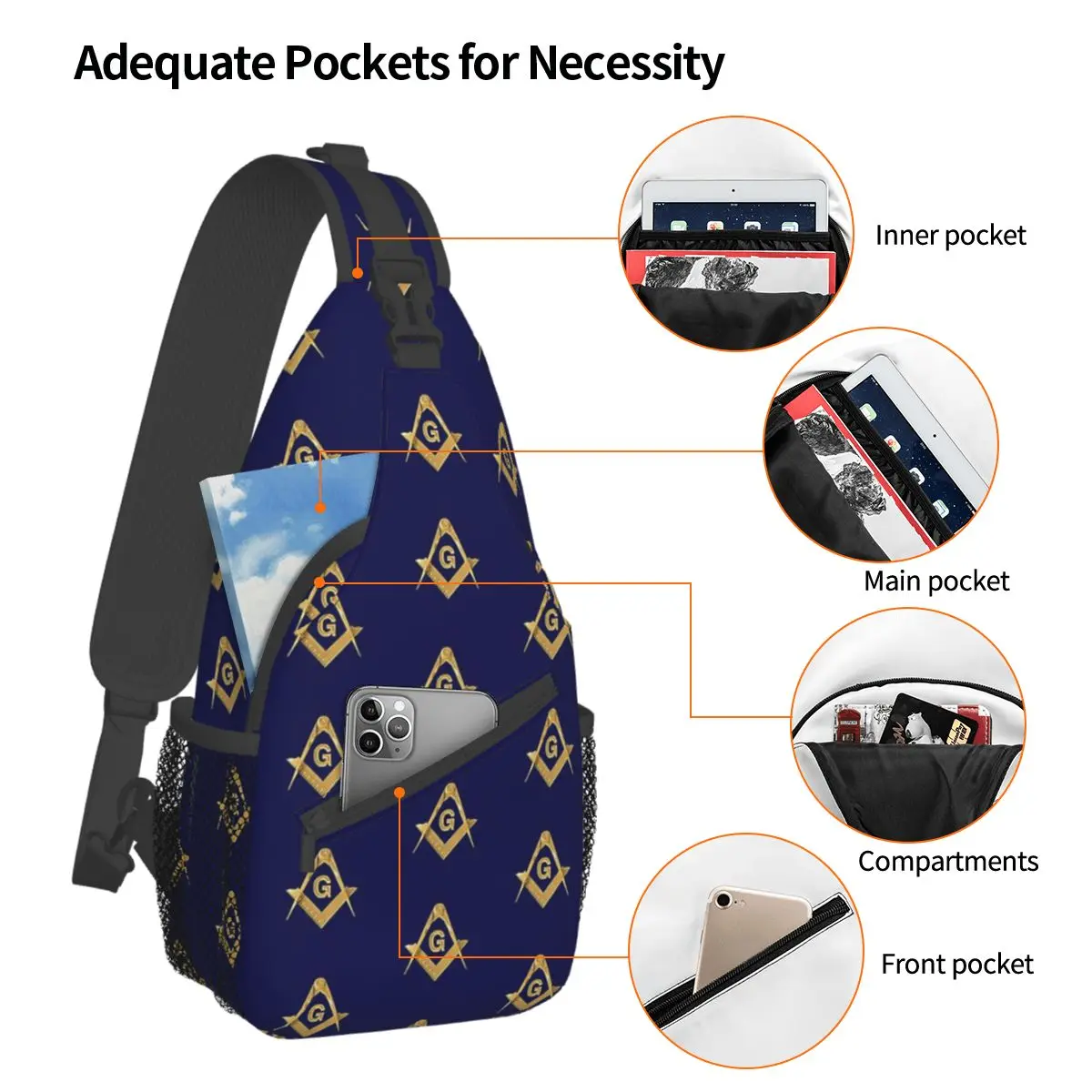 Freemason Gold Blue Square Crossbody Sling Bag Casual Chest Bag Masonic Shoulder Backpack Daypack for Hiking Travel Biking