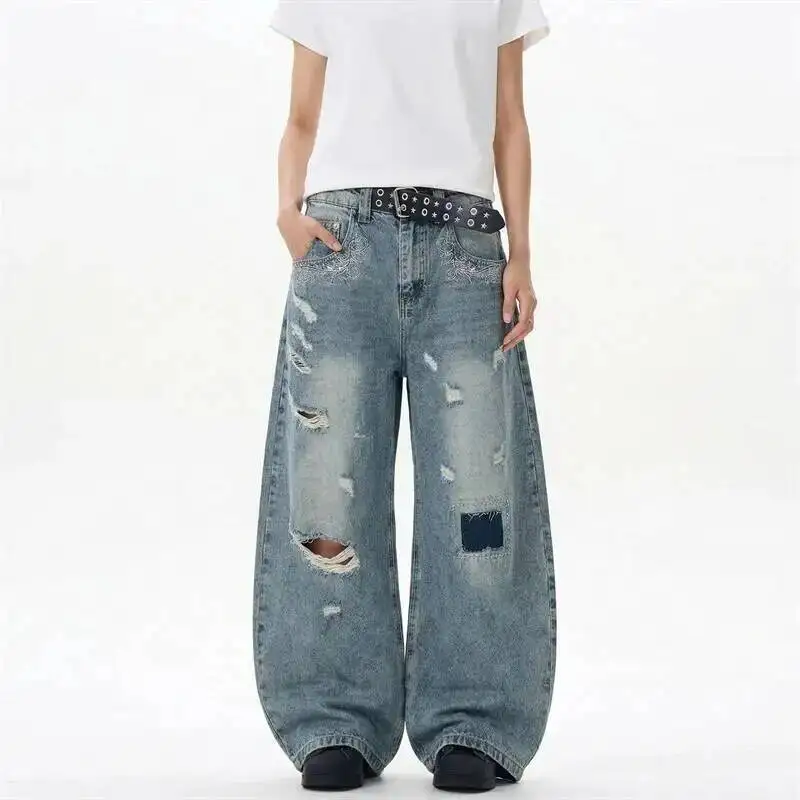 Ripped Vintage Men's Patchwork Jeans Distressed Wide Leg Baggy Fit Grommet Belt Streetwear Premium Denim Pants VEDI